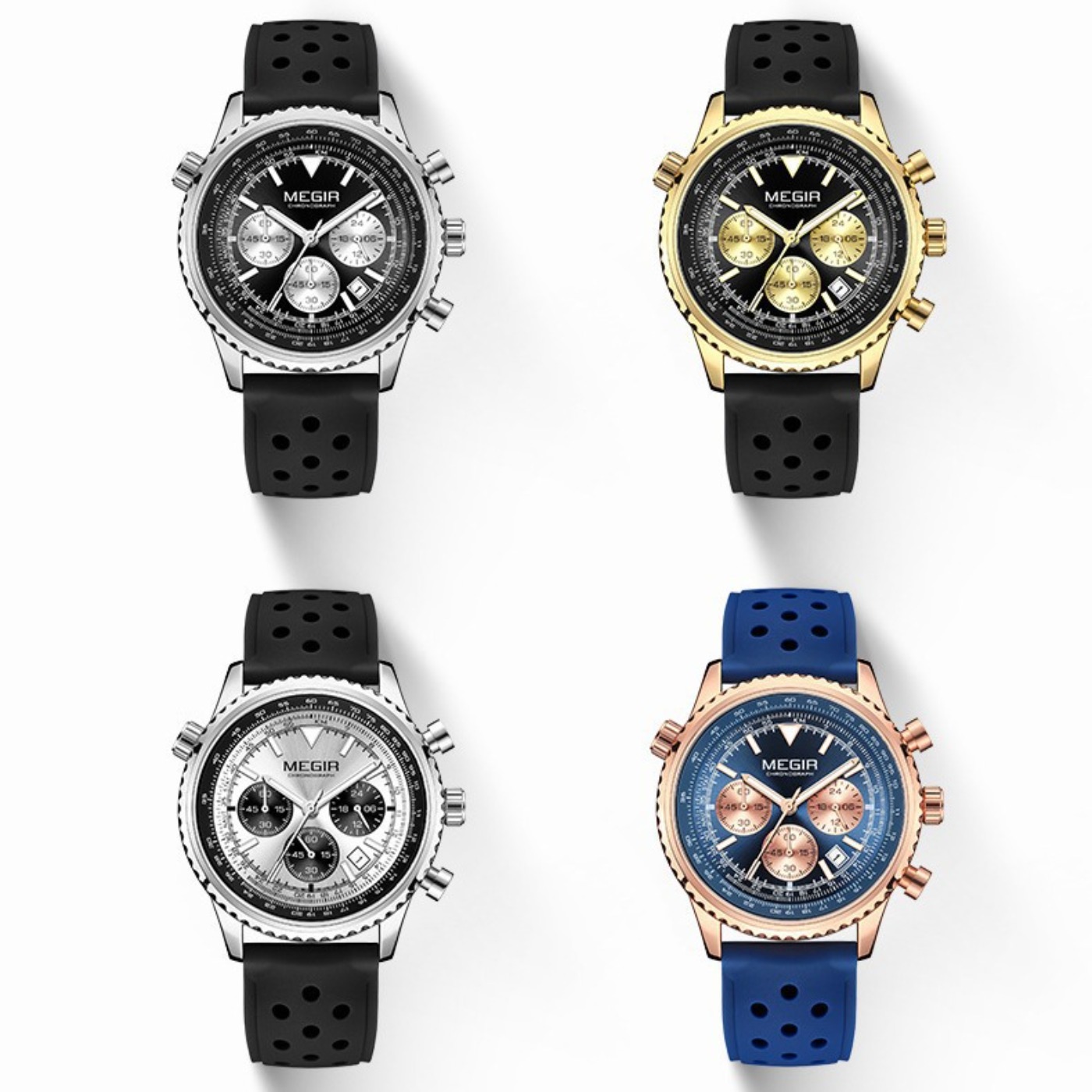 Chronograph Sport Watch - MEGIR Silver Black Quartz Watch Men